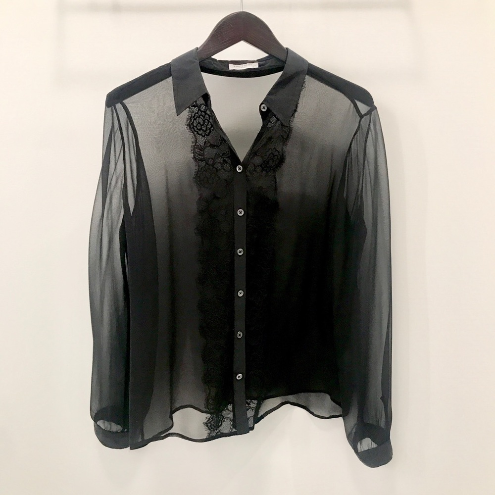 Equipment sheer black blouse with lace embellish